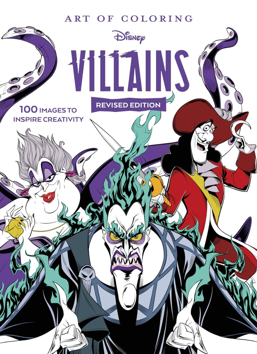 Cover of Art of Coloring: Disney Villains, Revised Edition, featuring Ursula, Hades, Captain Hook, and other illustrated Disney Villains.