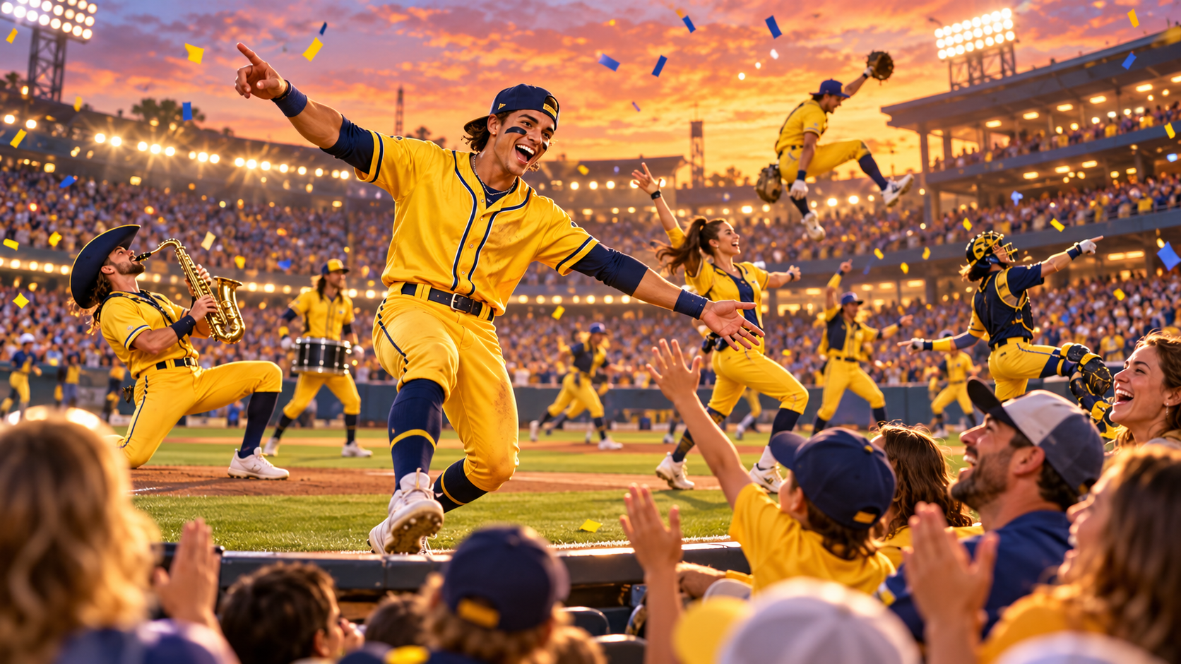 AI-generated editorial illustration of a theatrical Banana Ball-style baseball show. It is not an official event photograph.