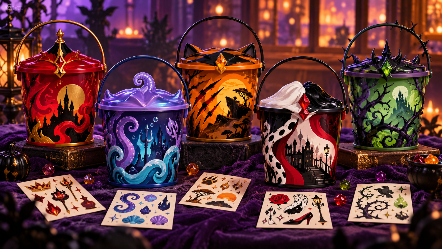 AI-generated editorial illustration concept for Disney Villains Boo Buckets. The pails are not official product designs.