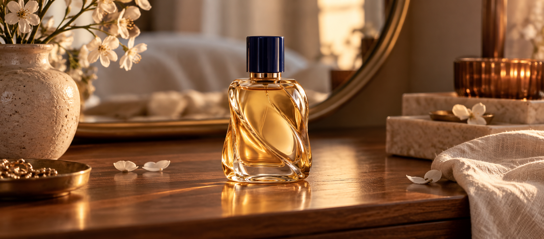 AI-generated editorial illustration for TATE 01 Eau de Parfum. The perfume bottle is generic, not official packaging.