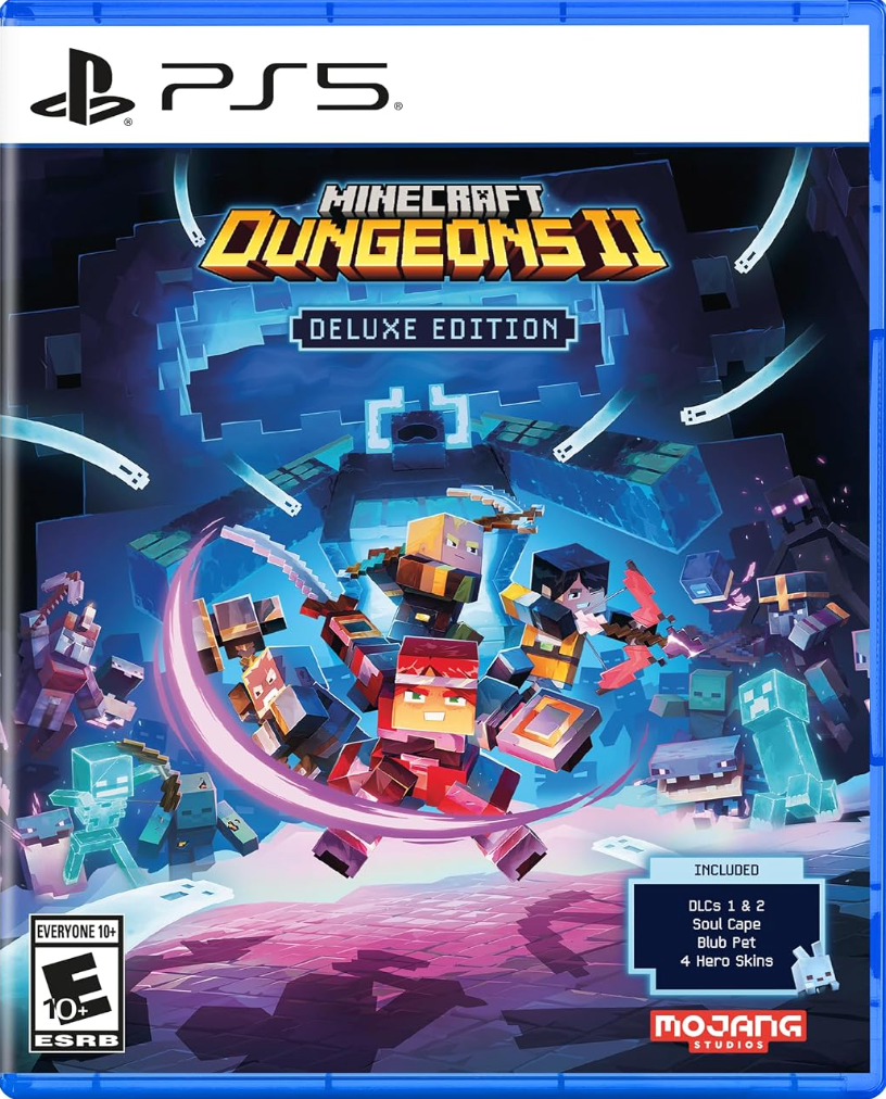 Minecraft Dungeons II Deluxe Edition game disc cover for PlayStation 5, rated Everyone 10+.
